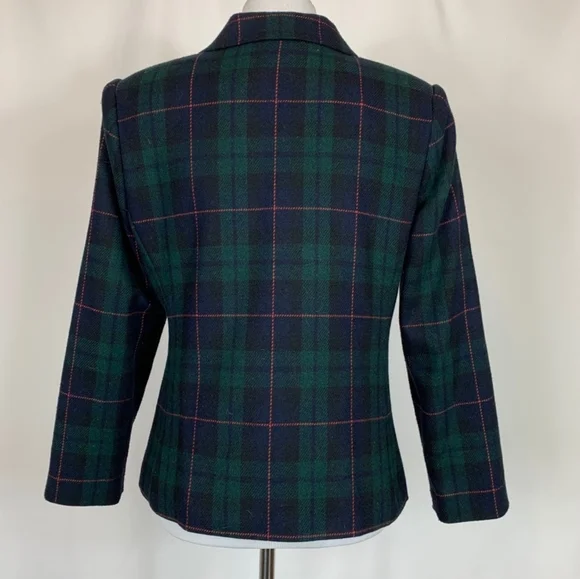 Vintage Blue Green Check Plaid Wool Blazer 12 #D30 - Picture 5 of 5